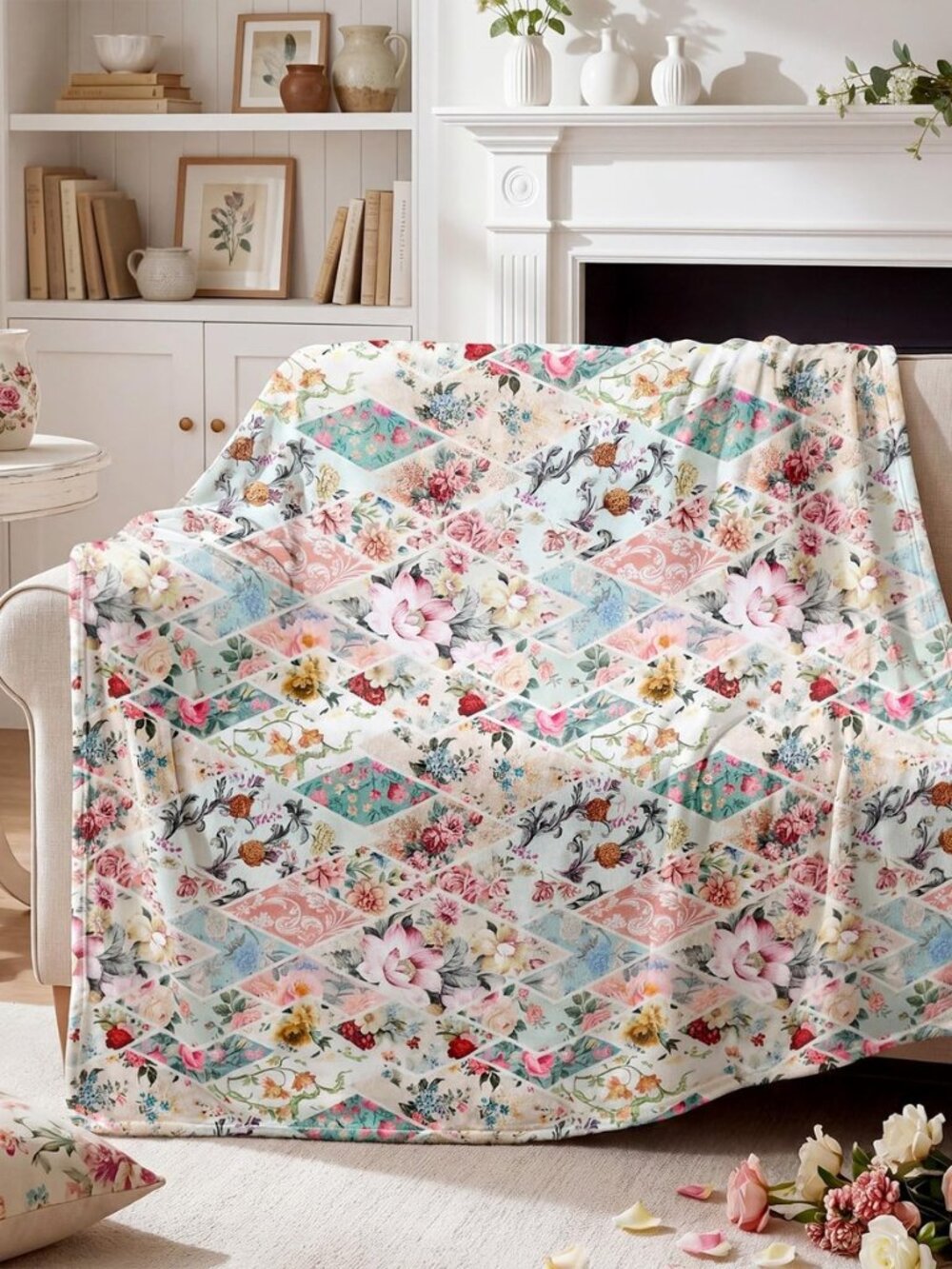 Boho Floral Throw Blanket with Vintage Patchwork 50 x 60 Inch